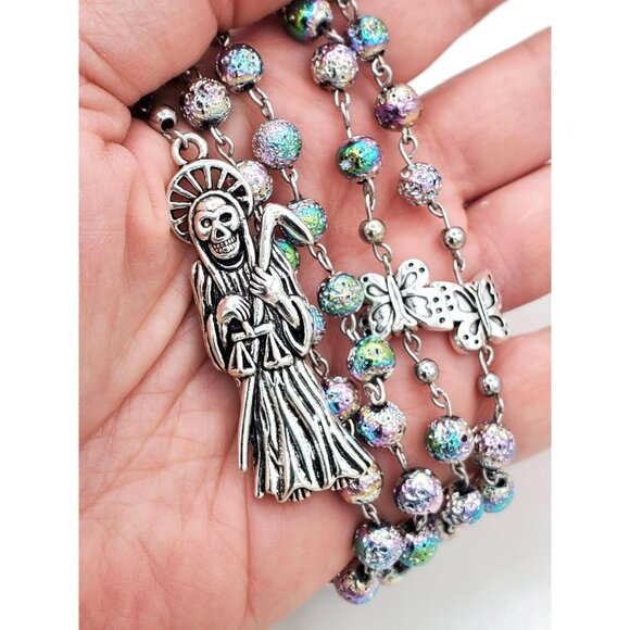 Handmade Electroplate Lava Santa Muerte Rosary Holy Death Amulet Prayer Beads - Picture 3 of 10
